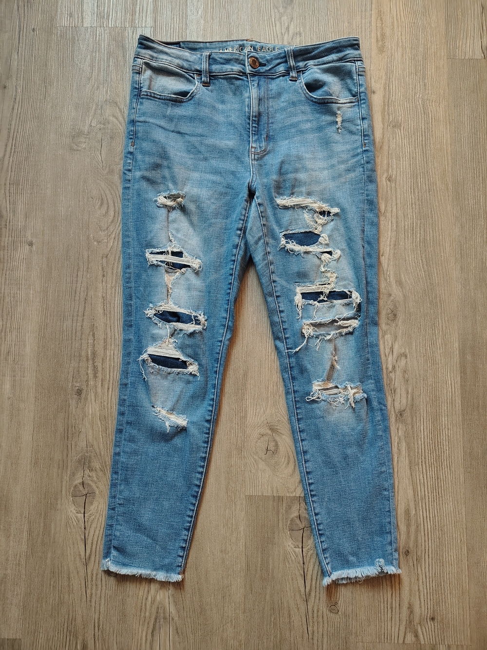 American Eagle Super Stretch Hi Rise Jegging Jean 12 Short Distressed Frayed Hem